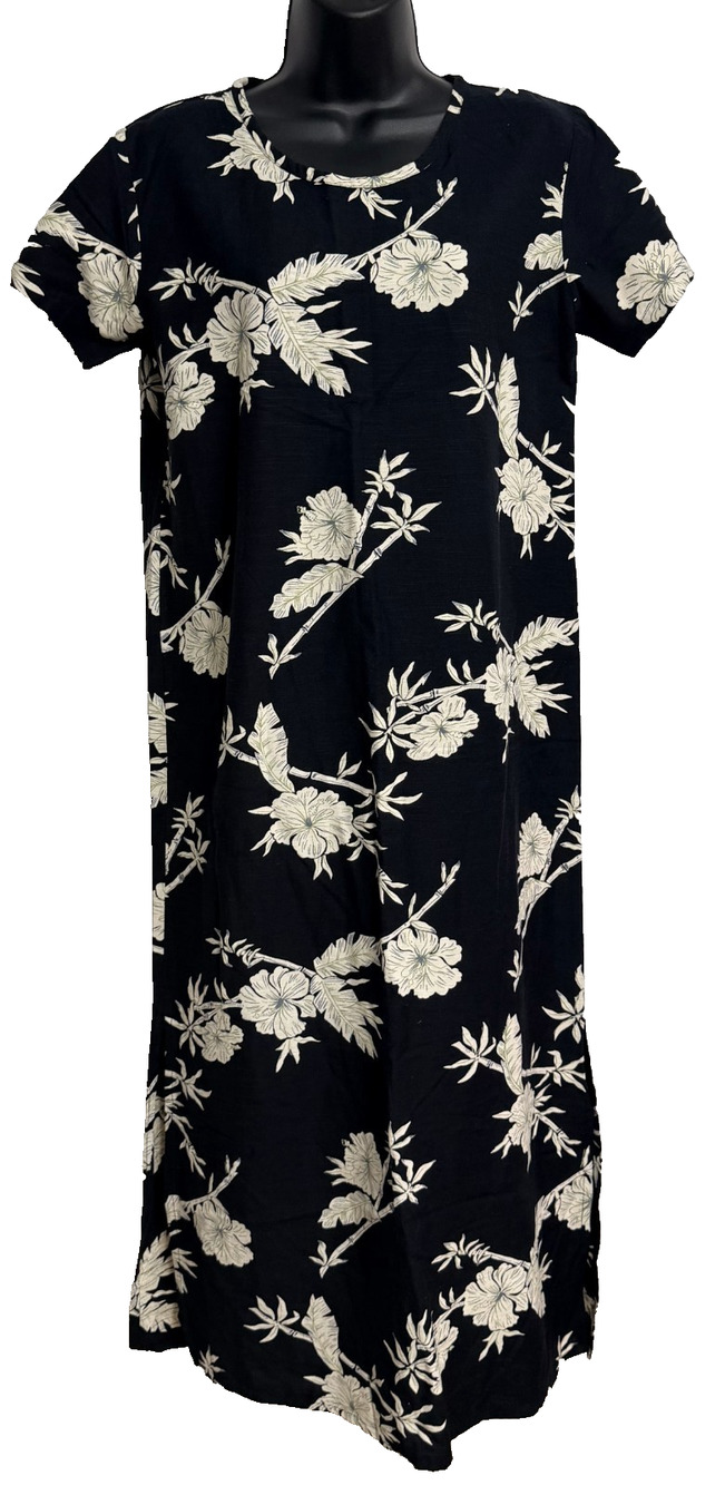 Island Attitudes Shift Dress Women's Small Black Floral Hibiscus Tropical Boho